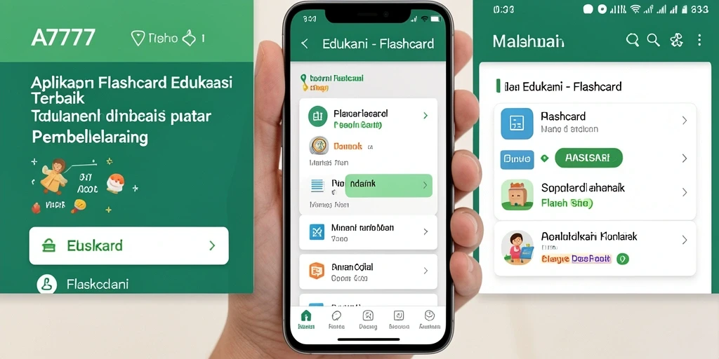 Tangkap layar aplikasi A7777 dengan tampilan kartu pembelajaran interaktif.